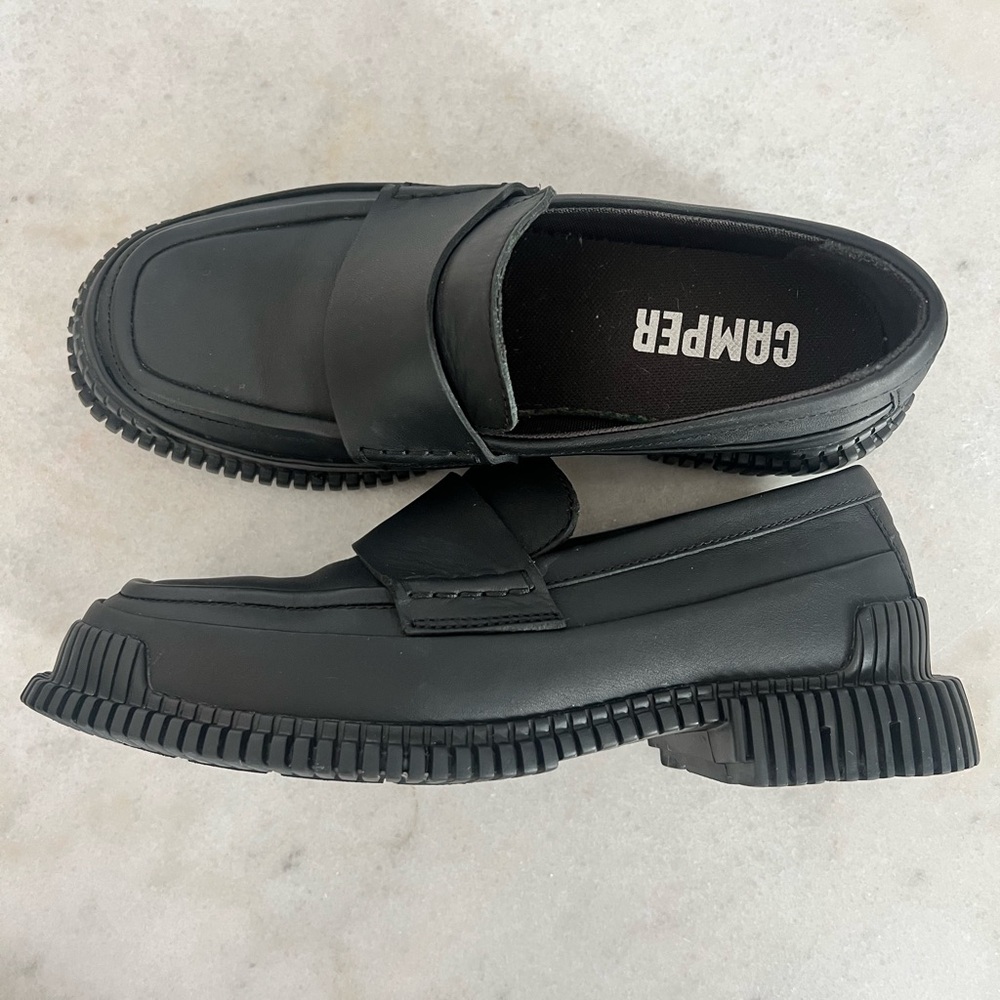Camper Black Leather Penny Loafers